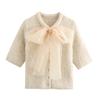 Fluffy Big Lace Bow Knitted Cardigan Women Single Breasted O-neck Short Sleeve Sweater Autumn Winter Fashion Knitwear