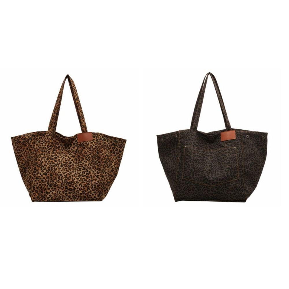 Large Capacity Leopard Print Shoulder Bag Square Women Handbag Simple Canvas Tote Bag Girls