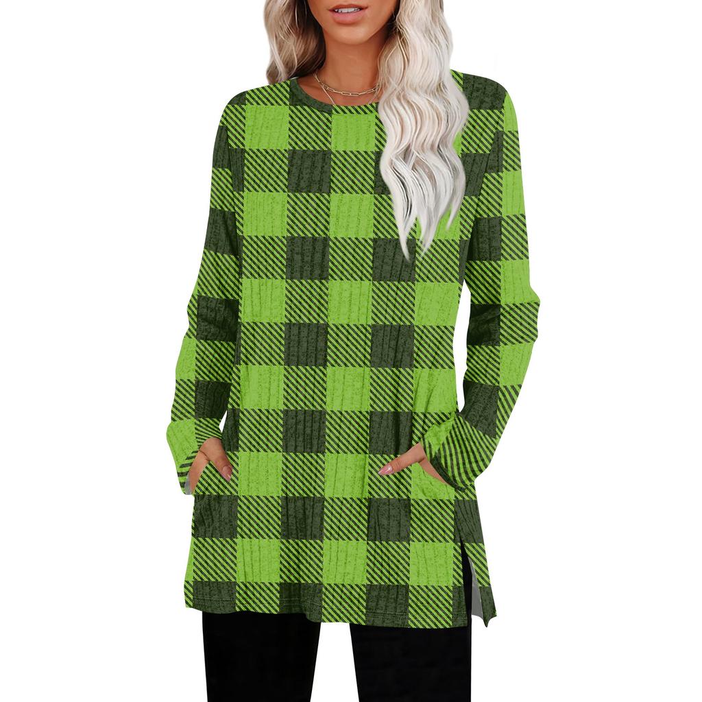 Women's Checkered Printed Round-neck Long-sleeved Top With Pockets And Side Slits