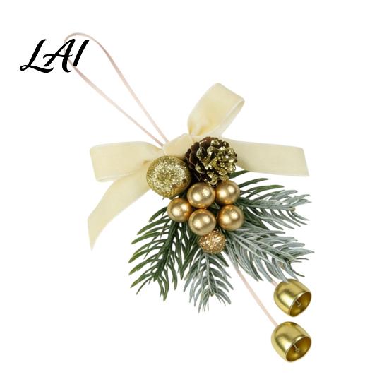 Christmas Tree Hanging Ornaments Bell Ornament Metal Jingle Decoration with Pine Cones Handmade Holiday Wreath Decor Berries Velvet Bow for