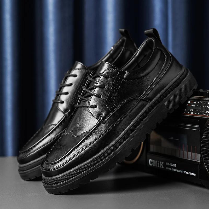 Fashion Men Dress Shoes Lace Up Falt Casual Shoes Man Leather Soft Bottom Male Borgue Shoe Nonslip Outdoor Men Shoes Chaussure Homme