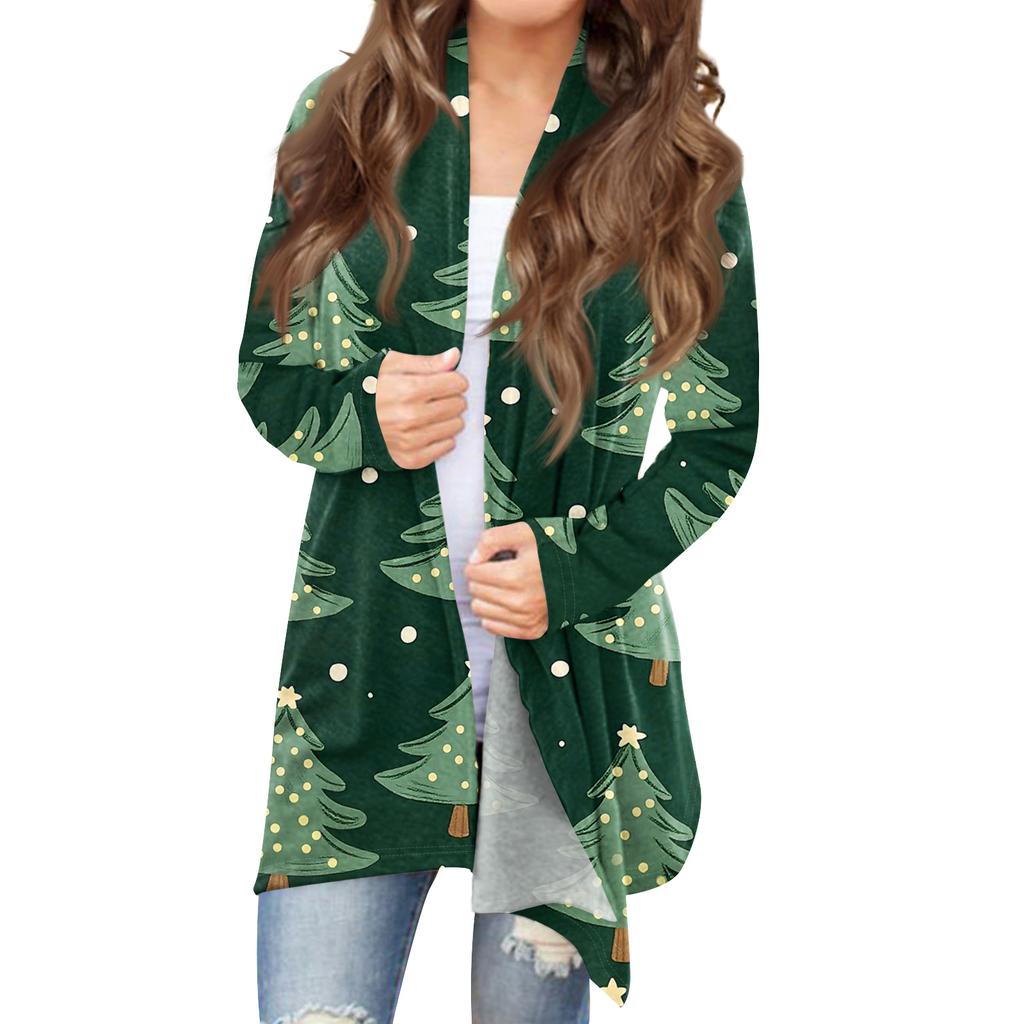 Women's Fashionable Loose-Fit Casual Cardigan With Christmas Print Mid-Length Coat