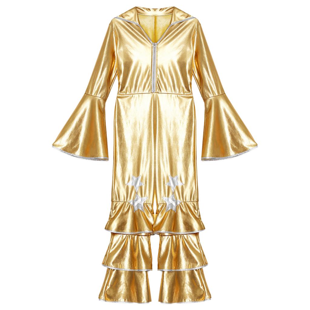 Блестящий металлический комбинезон-клеш для девочек, боди для джазовых танцев, сценический костюм 1970-х годов для косплея в стиле диско, карнавальный костюм для вечеринки в стиле рейв