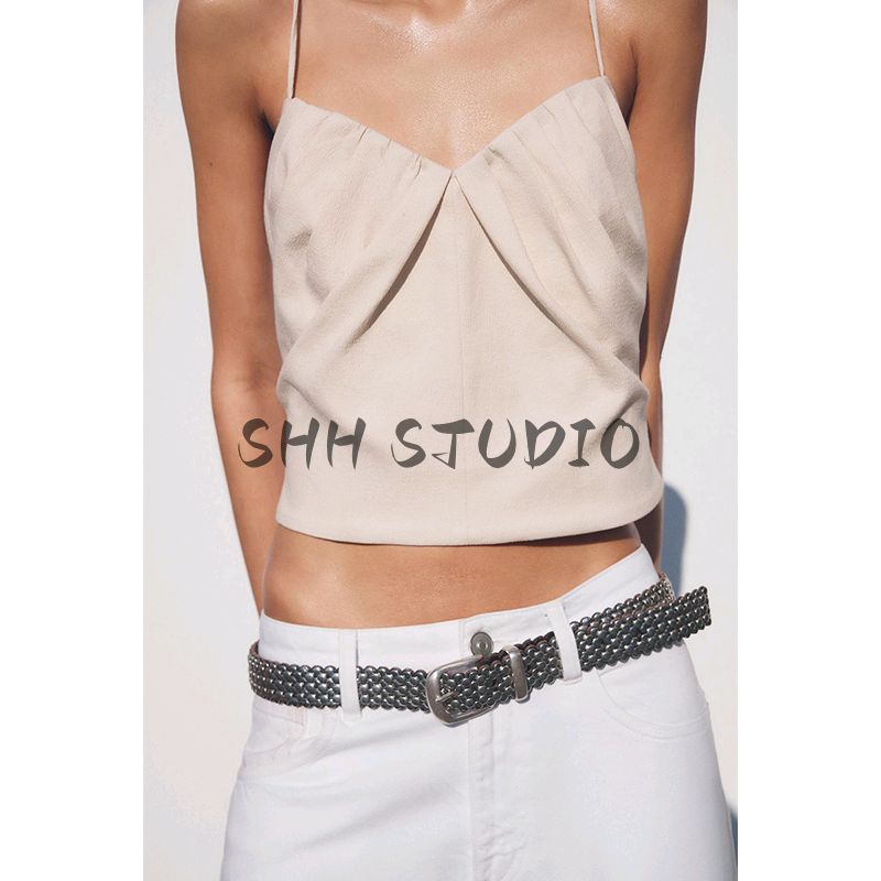 Spring and Summer New Women's Clothing Linen Blended Heart-Shaped Collar Ruched Design Minimalist Camisole Tops 3067028