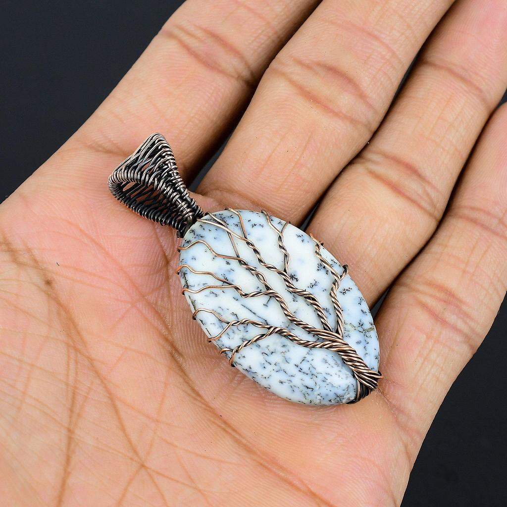 Tree Of Life Dendrite Opal Pendant Gemstone Jewelry, 999 Copper Wire Wrapped Pendant, Handmade Jewelry Birthstone Pendant, Gift For Him