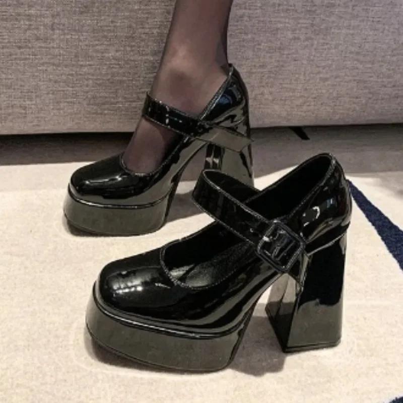 Модная обувь для женщин 2024 года, модные женские туфли-лодочки с квадратным носком, осенние туфли Мэри Джейн с мелкой пряжкой, однотонные туфли для вечеринок на массивном каблуке