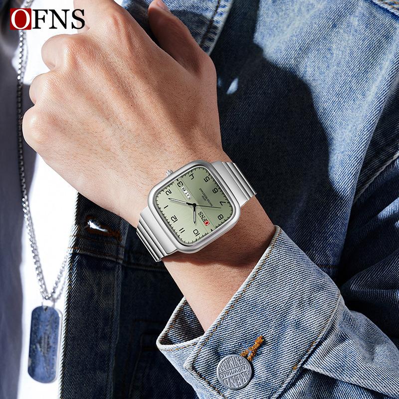 Square Dial Analog Watch for Men Waterproof Casual Business Wristwatch with Week/Date Display Steel Strap