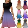 Women's Casual Fashion Round Neck Pleated Short Sleeve Gradient A-line Skirt Mid-length Dress