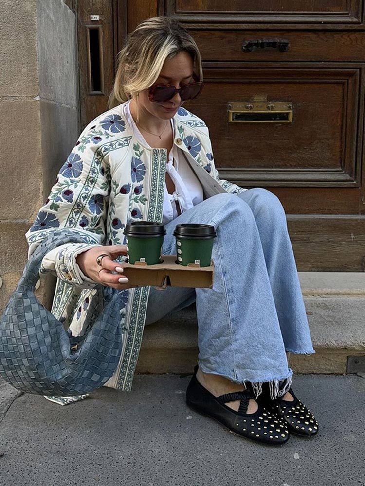 Эстетичная мода на шнуровке, хлопковая уличная куртка, зимняя, новая, с цветочным принтом, кардиган, стеганое пальто, элегантная женская верхняя одежда в стиле Харадзюку Хепберн