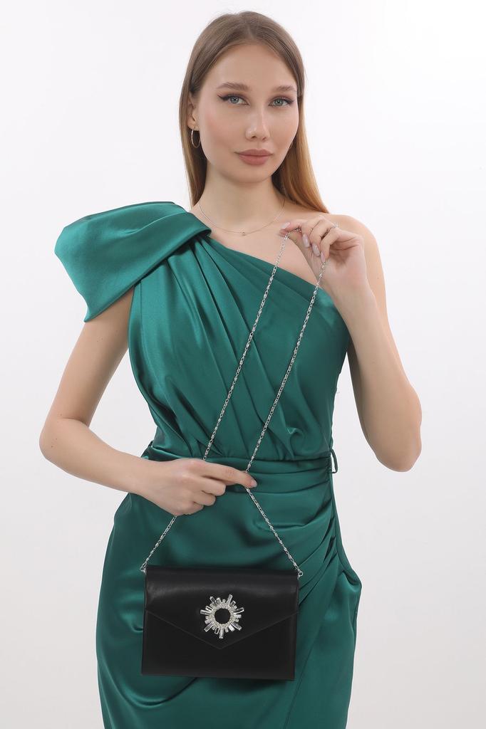 Women's Sea Bream Material Stone Accessory Magnetic Envelope Cover Usable Evening Dress Bag with Shoulder Strap