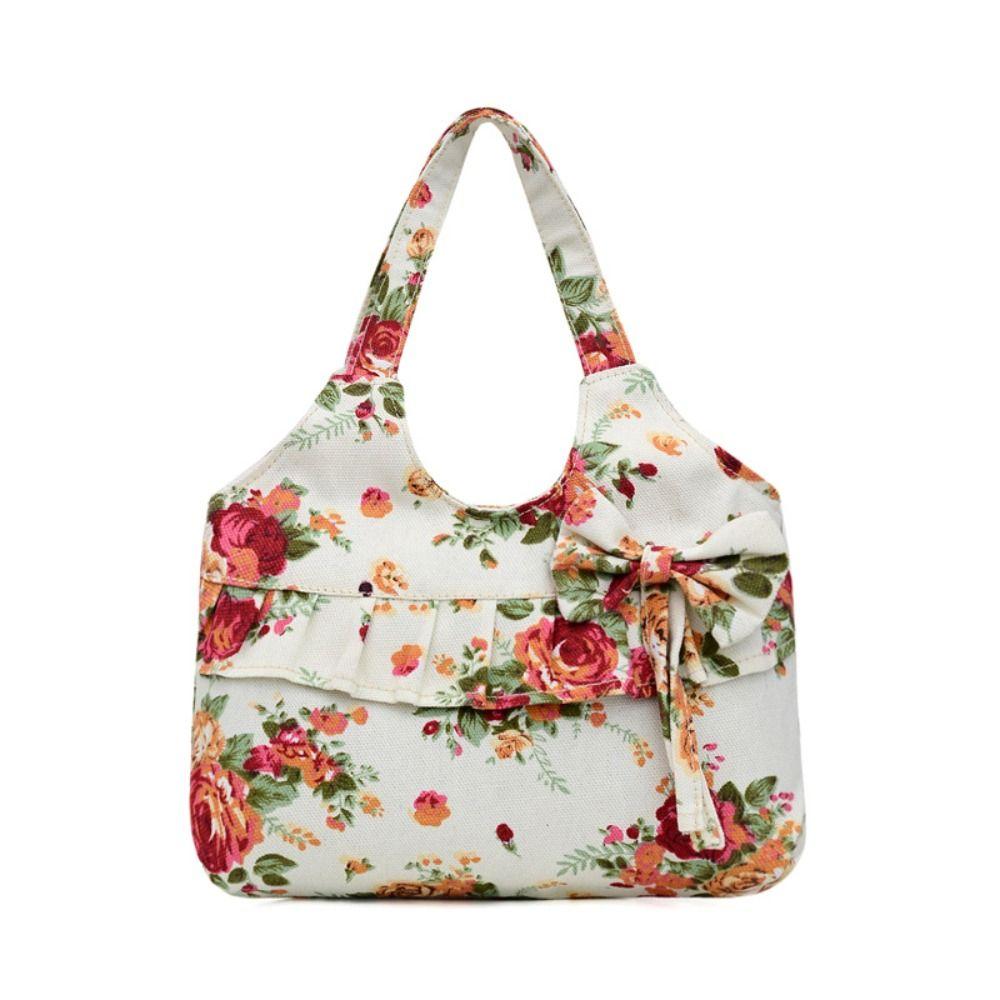 Retro Women Canvas Handbag Bow Shoulder Bag Female Flower Printed Fashion Small Canvas Bag