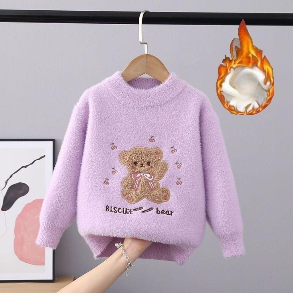 Свитер для девочек, осень и зима, новый модный теплый детский свитер, милый джемпер с медведем, детские вязаные базовые рубашки