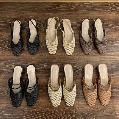 Модные летние новые женские туфли-мюли без задника, модные плетеные сандалии для женщин на квадратном низком каблуке, уличные повседневные тапочки