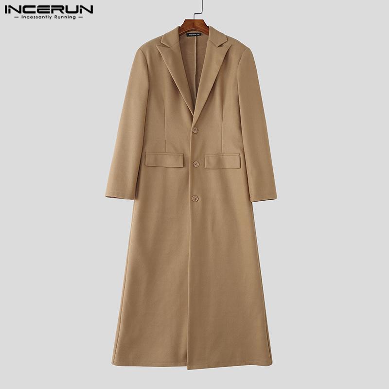 INCERUN Зима Осень Мужские Пальто Длинный Рукав Высокие Разрезы Длинные Шерстяные Мельтон Пальто Верхняя Одежда