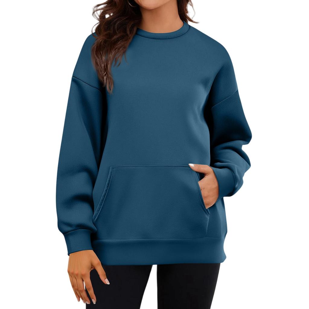 Women's Casual Fashion Long Sleeve Solid Color Round Neck Sweatshirt Top With Pockets