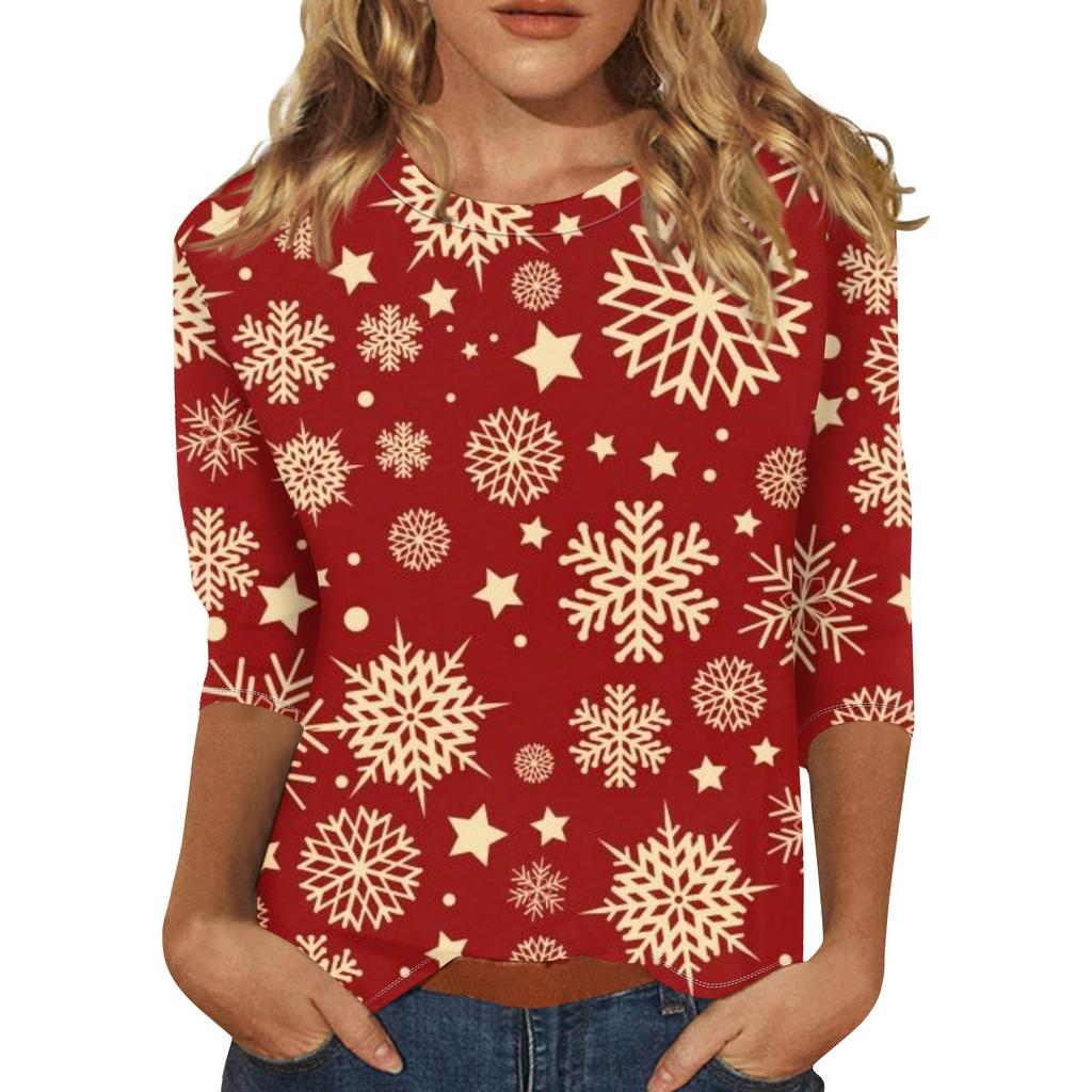 Women's Fashion Casual Seven Sleeve Christmas Printed Round Neck Top