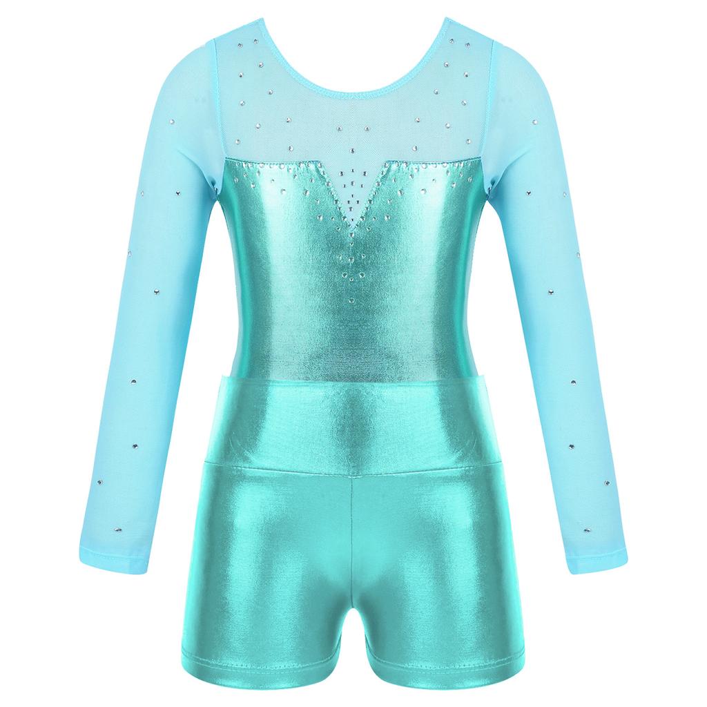 Девочки Металлический Купальник Длинный Рукав Дизайн Пэчворк из Страз Шорты с Высокой Посадкой Комплект для Выступлений