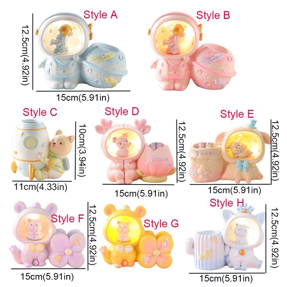 Little Bear/Pig LED Night Light Cartoon Makeup Brush Holder Astronaut Ornament Children's Gifts