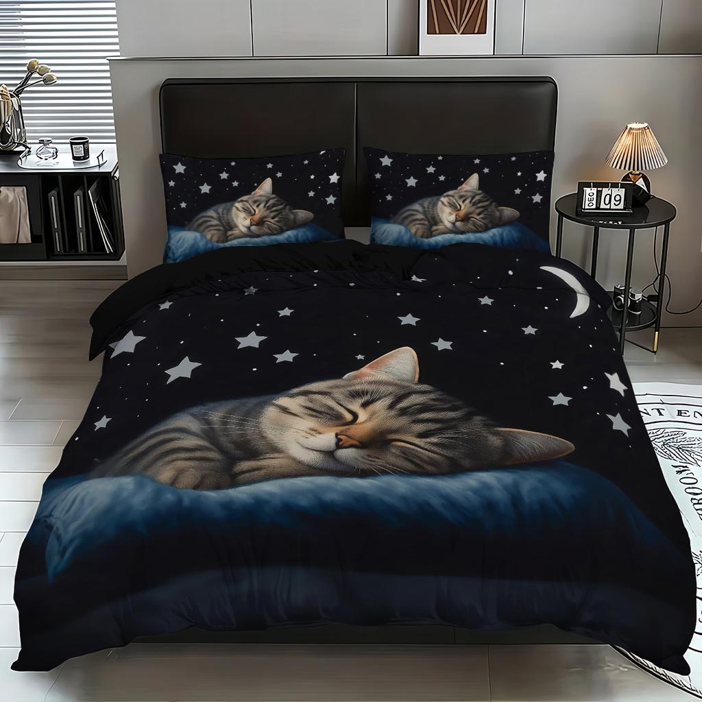 3pcs Sleeping Cat Pattern Printed Bedding Set, 1*quilt Cover+2*pillowcase, Suitable for King Bed, Single Bed for All Seasons