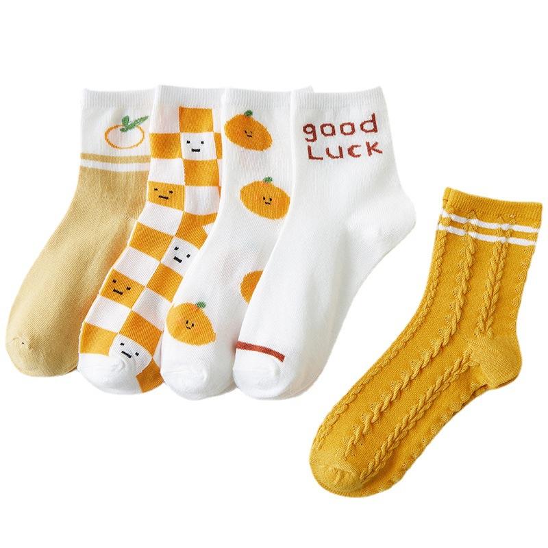 5Pairs Women Cotton Socks Cute Print Princess Two-dimensional Fashion Socks Striped Plaid Ladies Spring Summer Socks