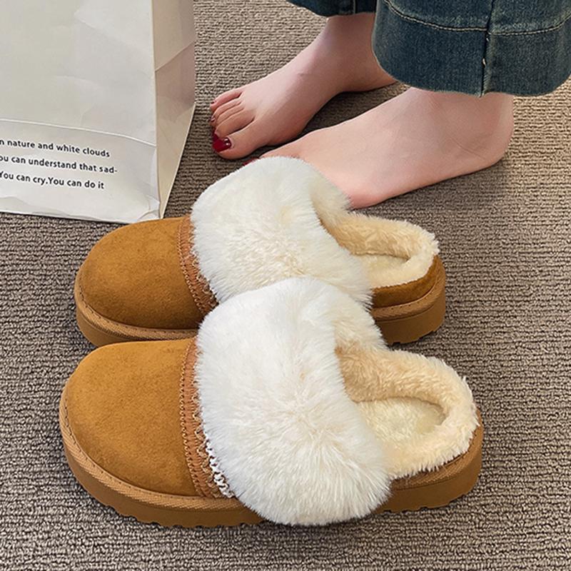Fashion 2025 Winter Warm Fluffy Platform Slippers for Women Fashion Striped Faux Fur Home Shoes Woman Thick Sole Non Slip Plush Slippers