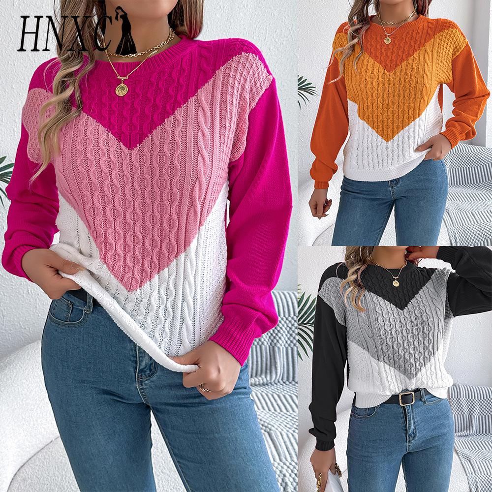 HNXC Autumn and Winter Casual Color-block Twisted Lantern Sleeve Pullover Sweater for Women