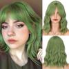 Women Fashion Short Bob Wavy Wig with Natural Bangs Synthetic Fiber Shoulder Length Green Daily Wear Cosplay Wig