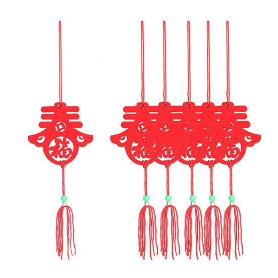 6Pcs Chinese New Year Pendant Red Felt Hanging Decor Paper-Cutting Spring Blessing Characters Tassels Pendant