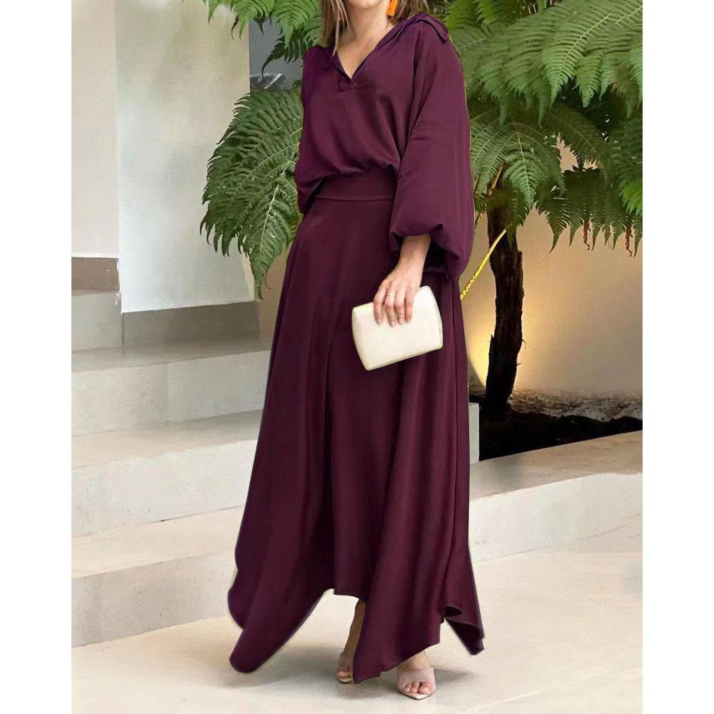 Женский летний свободный комплект из двух предметов большого размера, однотонный топ с длинными рукавами и юбкой средней длины с высокой талией