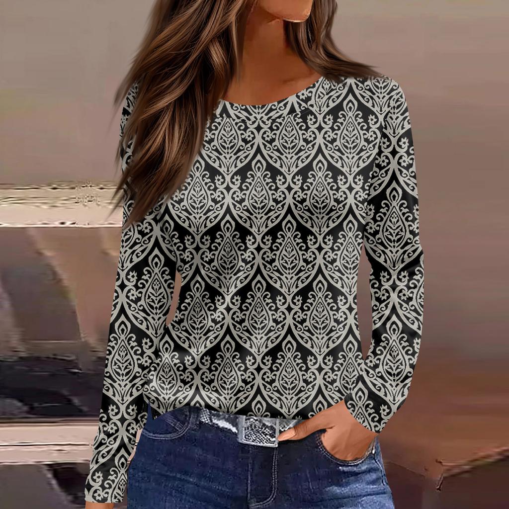 Women's Fashion Casual Slit Hem Round Neck Long Sleeve Loose Printed T-Shirt Ladies Top