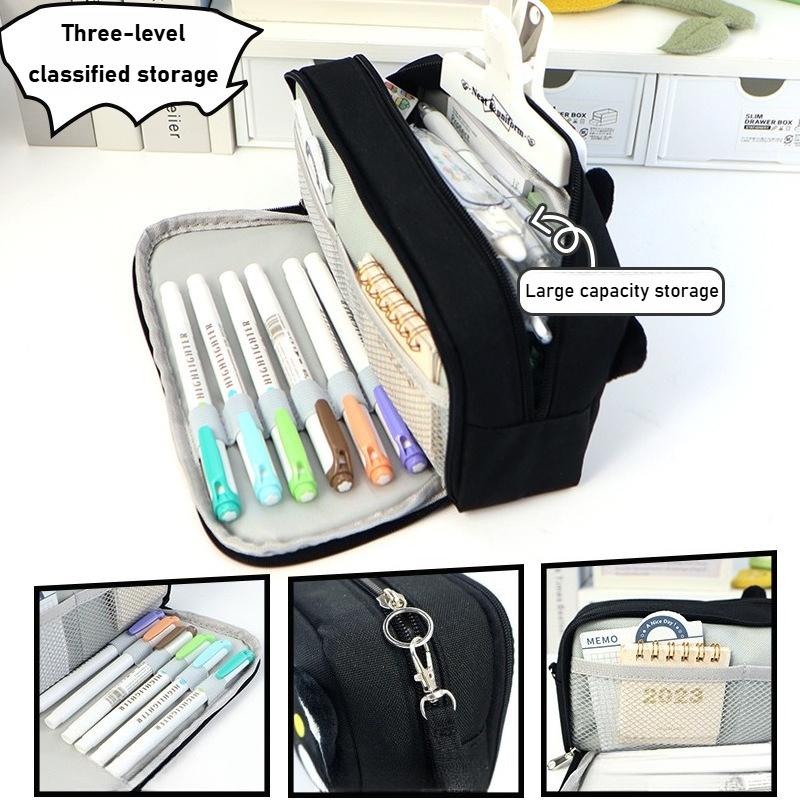 Cute Black and White Cat Pencil Case - Portable Large Capacity Stationery Bag with Pen Insert & Mesh Pocket for School Supplies