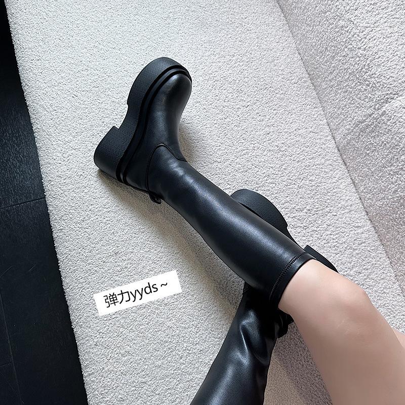 2024 новые завышенные сапоги на толстой подошве, эластичные тонкие сапоги, но высокие сапоги-рыцари, сапоги Spice Girls на высоком каблуке