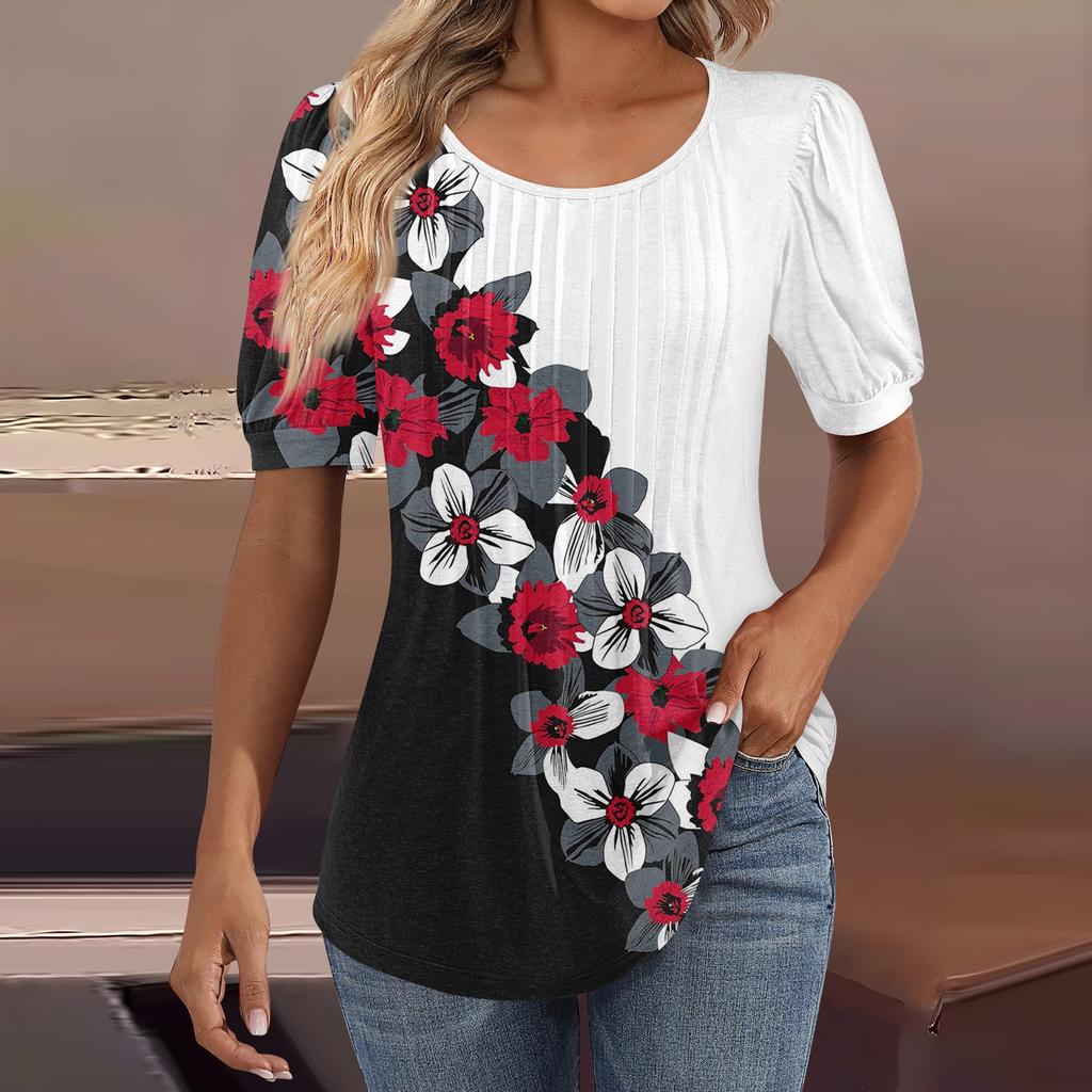 Женские пышные туники с короткими рукавами, топы, плиссированные блузки с воротником, повседневные свободные весенне-летние футболки