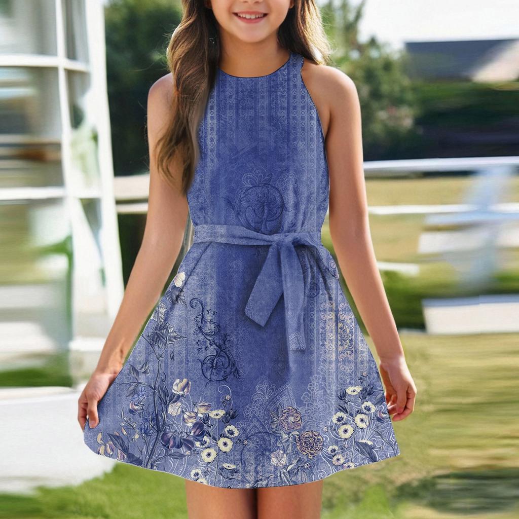 Летнее платье для девочек Платье без рукавов на бретельках Однотонное платье без рукавов с принтом Повседневное платье