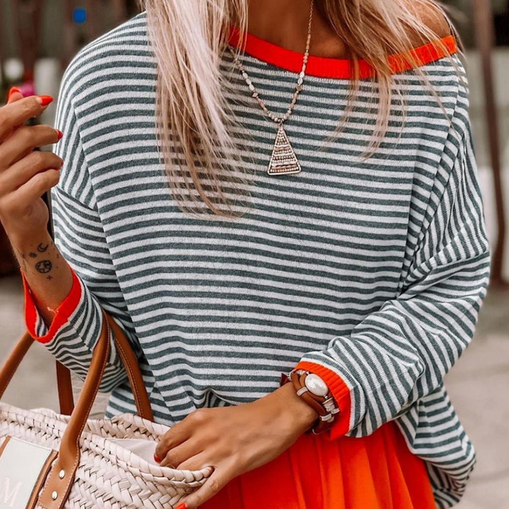 JKASHDK Женские модные повседневные пуловеры с круглым вырезом и длинными рукавами, весна-осень с полосатым принтом