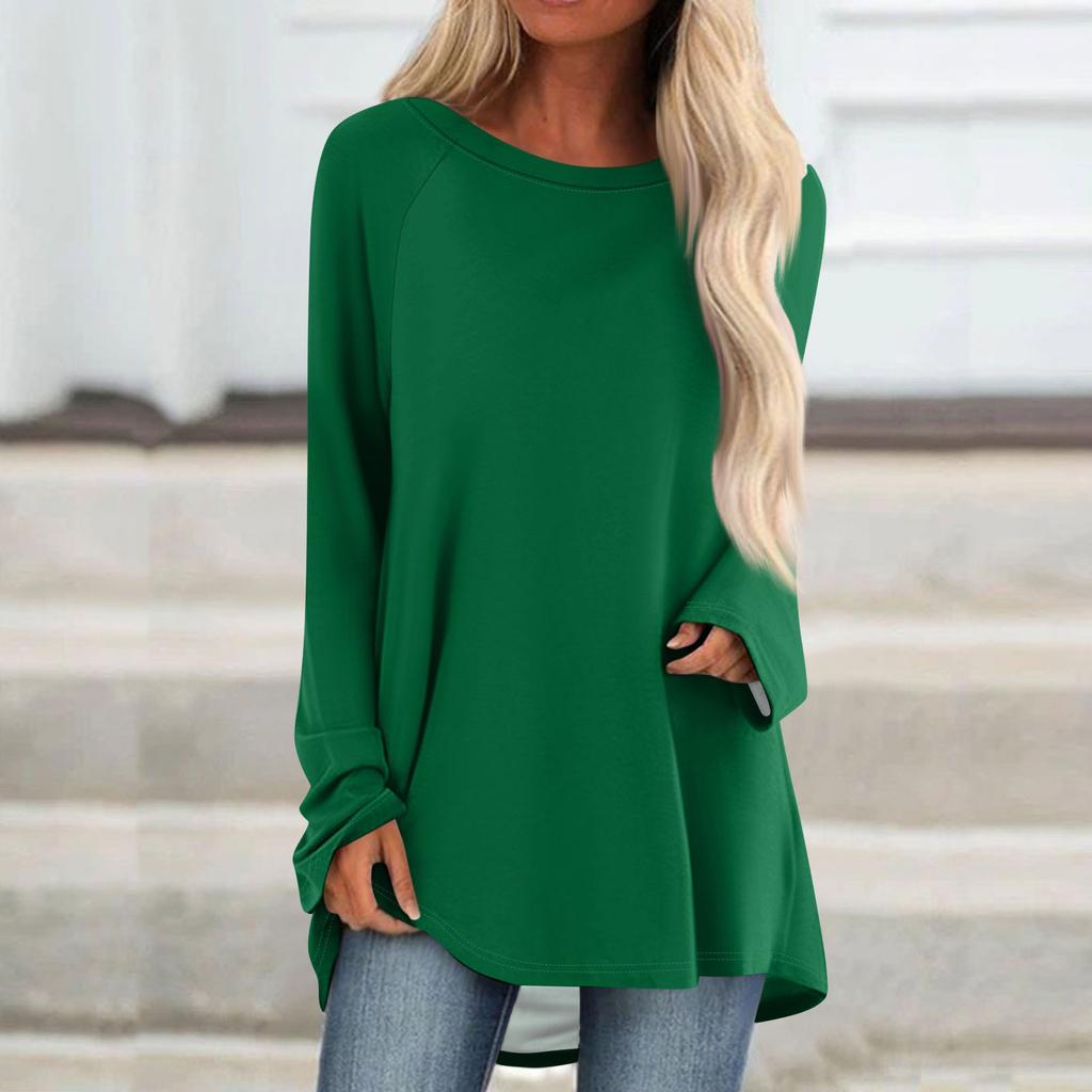 Women's Fashionable Loose Mid-length Round Neck Pullover Solid Color Raglan Sleeves Long-sleeved Casual Top