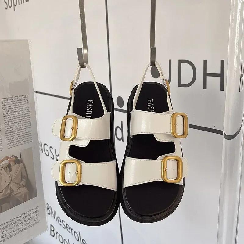 Fashion 2024 Summer New Hot Selling Women's Sandals Solid Color Fashion Women's Shoes Metal Decoration Medium Heel Women Buckle Sandals
