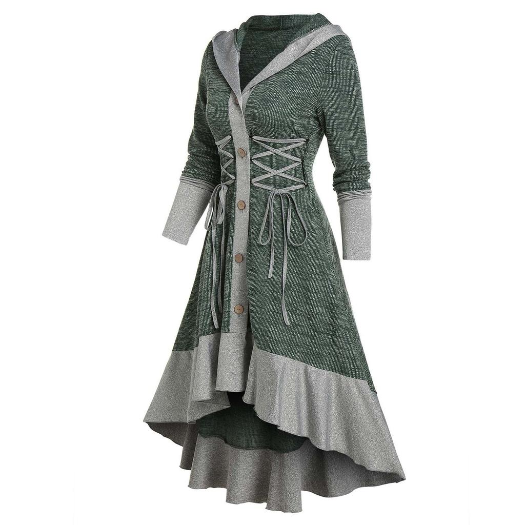 Women Contrast Ribbed Ruffles Flare Sleeve Button Coat High Low Cardigan