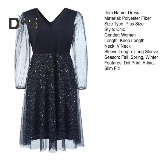 Вечернее платье больших размеров с узором в горошек, двухслойным подолом, сетчатыми рукавами, облегающим кроем, V-образным вырезом, платье-трапеция с V-образным вырезом, выпускное платье миди