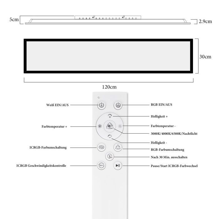 Panneau LED - NETTLIFE - 120 x 30 cm - Intensité variable - RVB & Blanc chaud - Télécommande