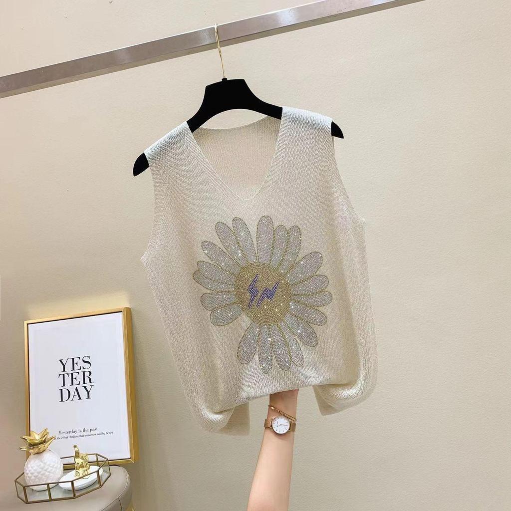 2023 Блестящий шелковый женский жилет без рукавов с V-образным вырезом - Новый стиль весна/лето, свободный крой с вязаным дизайном на бретелях с горячими бриллиантами