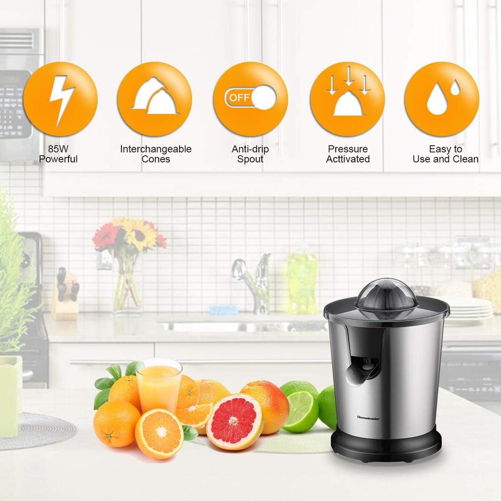 Electric Citrus Juicer, Lemon Squeezer with Stainless Steel, Orange Squeezer with Two Cones, Powerful Motor for Grape