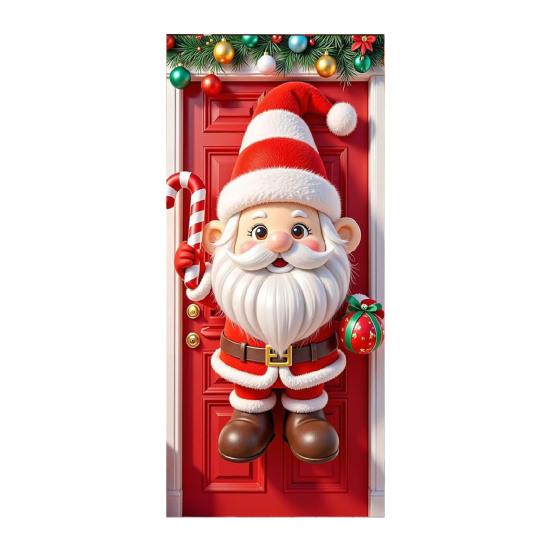 Рождественский чехол на дверь Смешной Санта-Клаус/Гном/Снеговик/Венок Подвесной фон Баннер на дверь 70" x 35" Зимняя вывеска для крыльца для домашнего двора Настенный декор