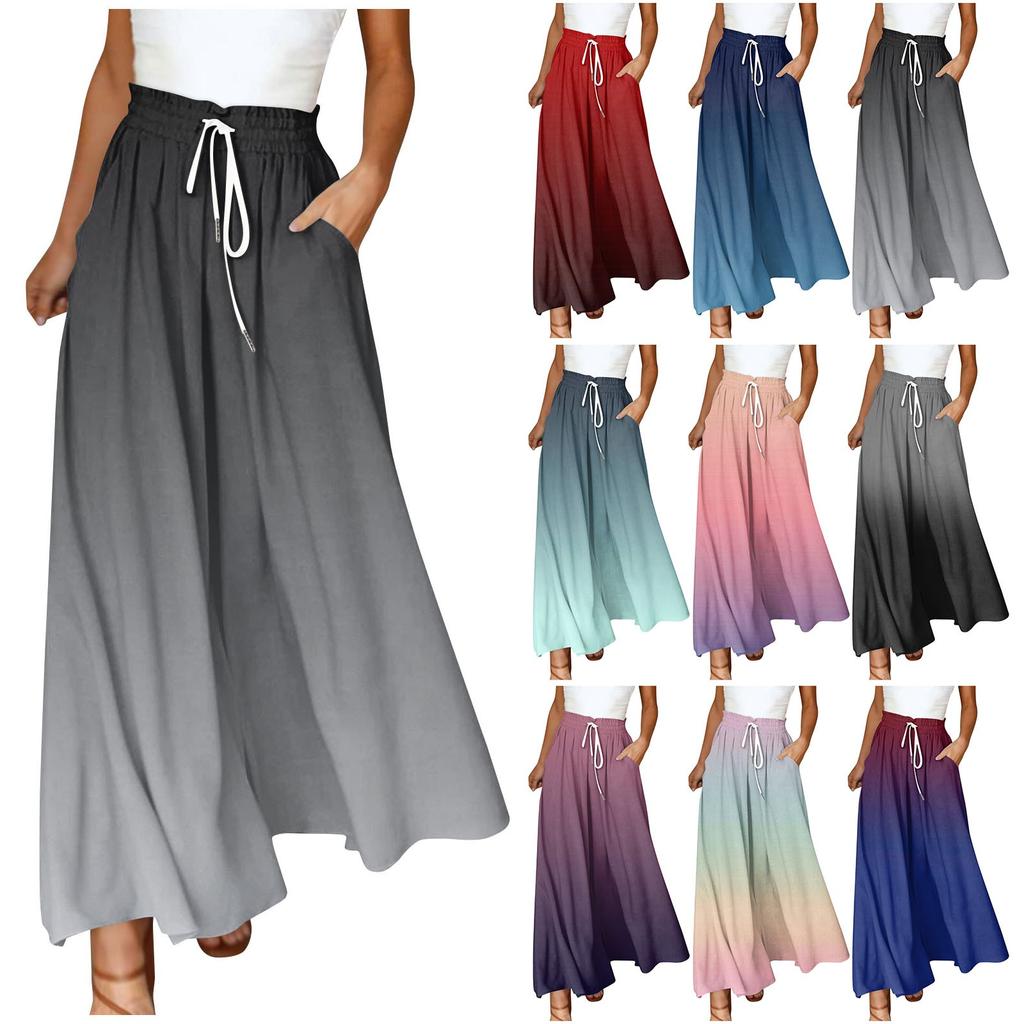 Women's Pants Boho Print Elastic High Waisted Pants Casual Wide Leg Long Pant Trousers With Pocket