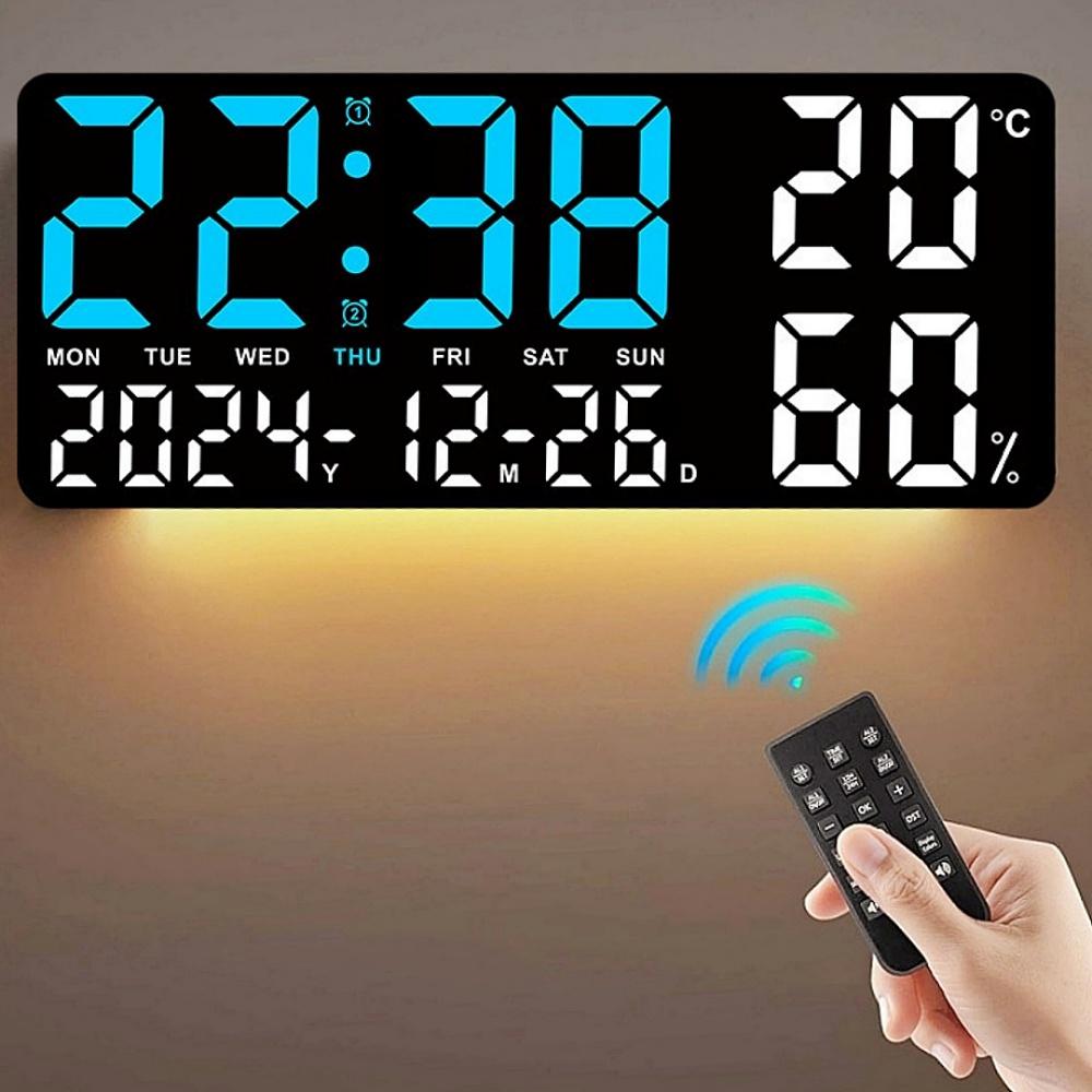 Large Digital Wall Clock with 7Colors Mood Light Remote Control Dual Alarm Timing Countdown Table Clock 12/24H Auto Dimmable LED Alarm Clock