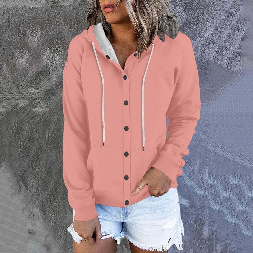 Women's Fashion Casual Solid Colour Button Hoodie Long Sleeve Sweatshirt Drawstring Jacket Coat