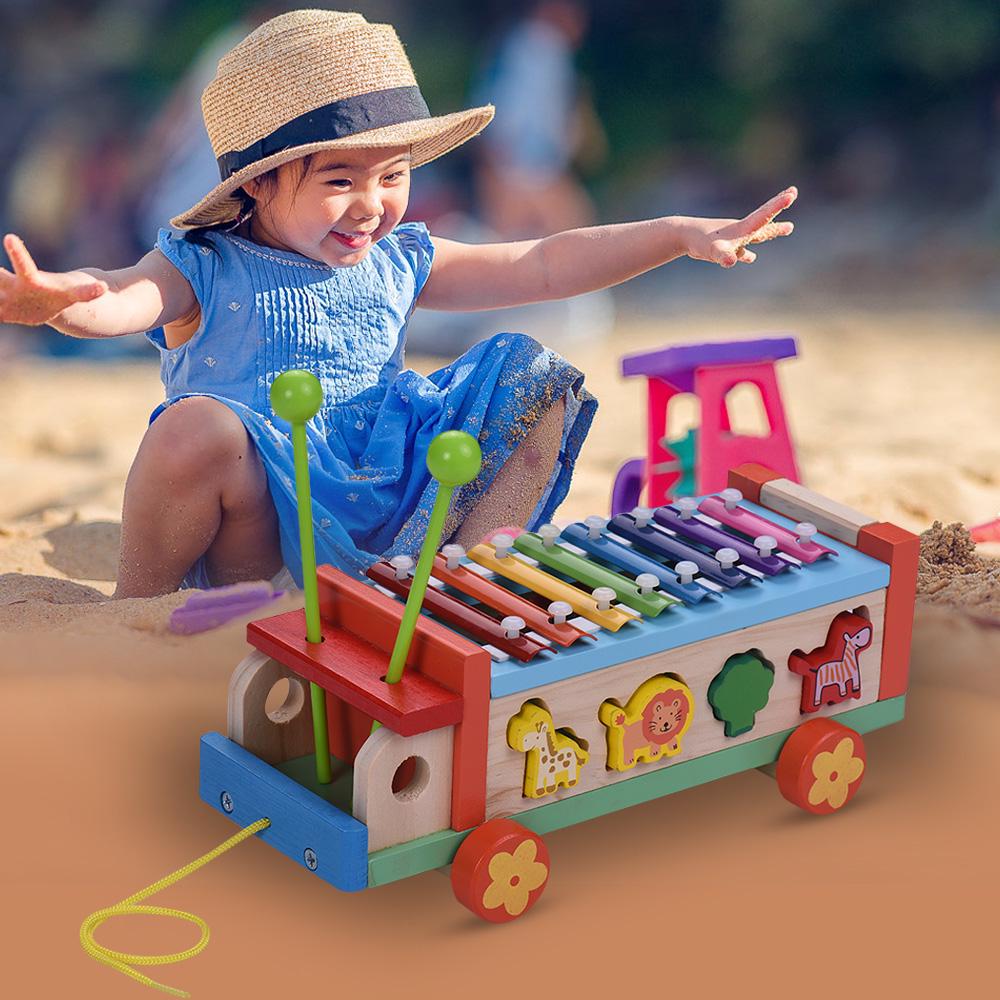 Multifunctional Wooden Toy Car with 8 Notes Xylophone Glockenspiel 7 Cute Animal-shaped Blocks Early Educational Toy Percussion Instrument Musical