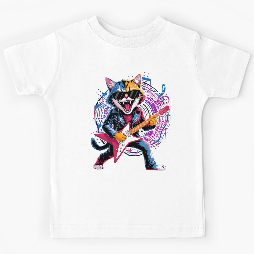 Retro Music Lover Heavy Electric Guitar Funny Rock Cat Kids T-Shirt