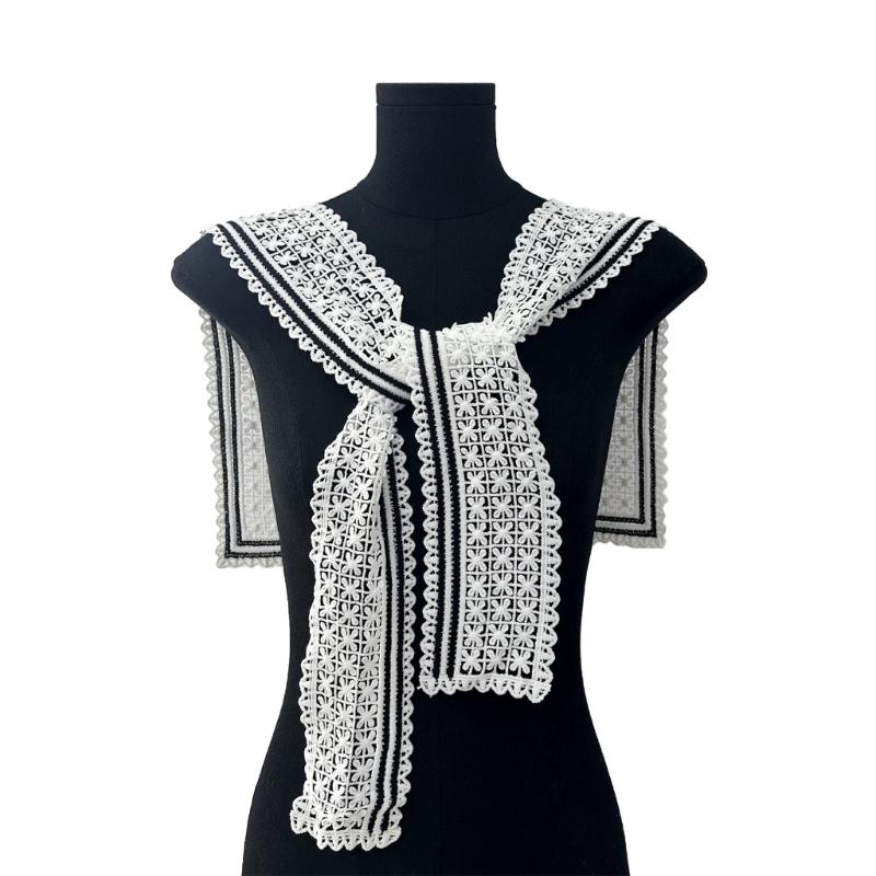 Women Fake Collar Hollow Out Knit Lace Tie Knot Front Capelet Tops Half Shirts T8NB