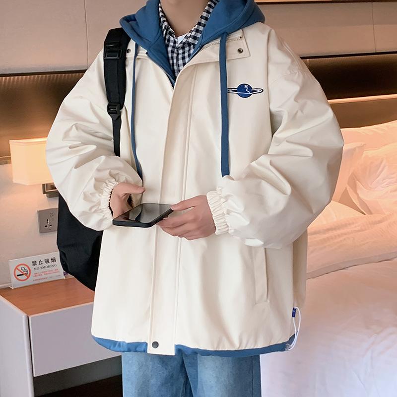 Мужская куртка-двойка, весна-осень, в гонконгском стиле, свободная, модная, с капюшоном, для пары, мужская